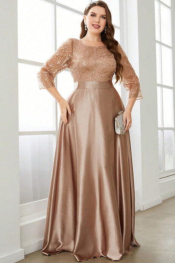 Plus Size Champagne Sequins Round Neck Maxi Dress with Sleeves